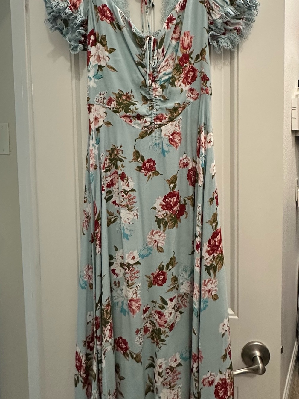 Anthropologie Light Blue Floral Puff-Sleeve Maxi Dress